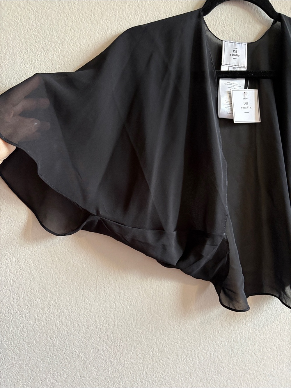DB Studio Open Front Sheer Flutter Shrug Black Short Sleeve Size 3X NWT - Picture 2 of 5